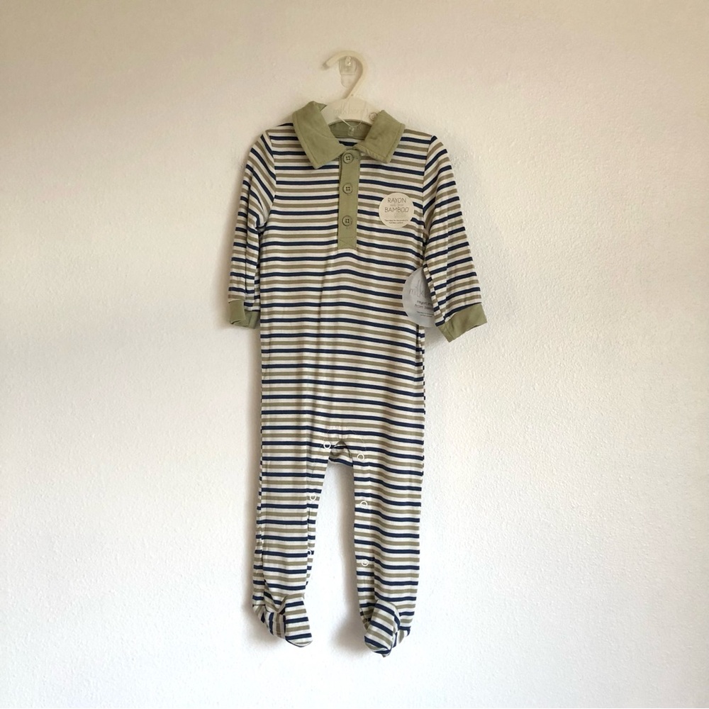 NWT Milkberry Green / Blue Stripe Bamboo Rayon Footed Sleepwear Romper Size 6-9M